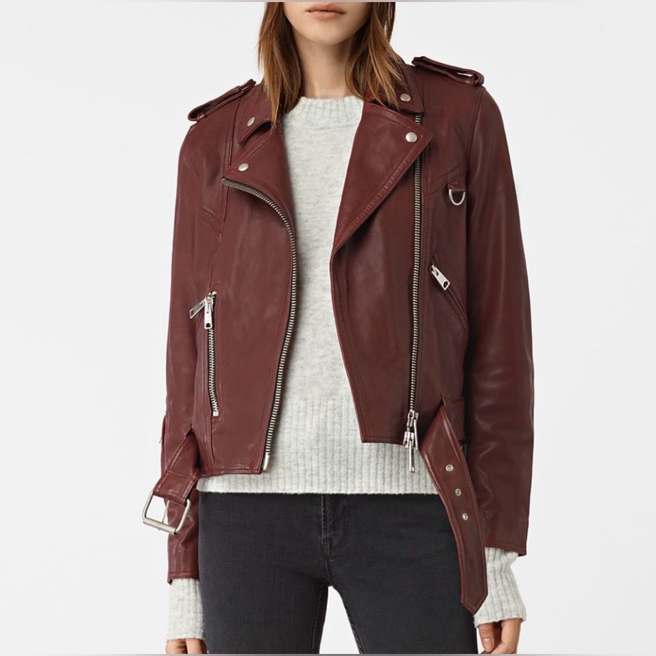 Allsaints Gidley Burgundy Leather Moto Jacket Maroon Size Us 2 Uk 6 Like New